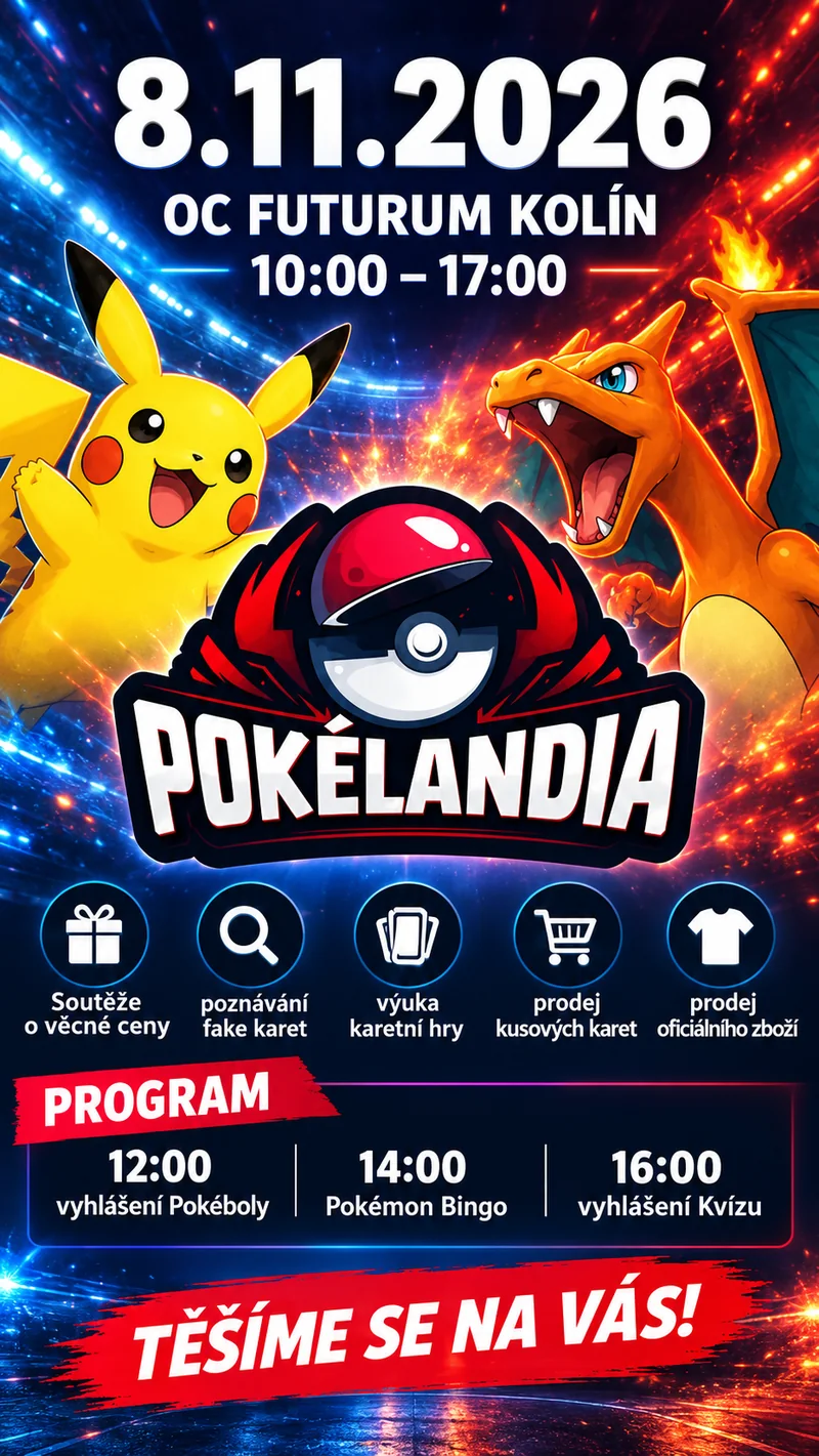 Oficiální plakát Pokélandia: 8. 11. 2026, OC Futurum Kolín, 10:00–17:00. Soutěže, poznávání fake karet, výuka karetní hry, prodej karet a zboží, program ve 12:00, 14:00 a 16:00.